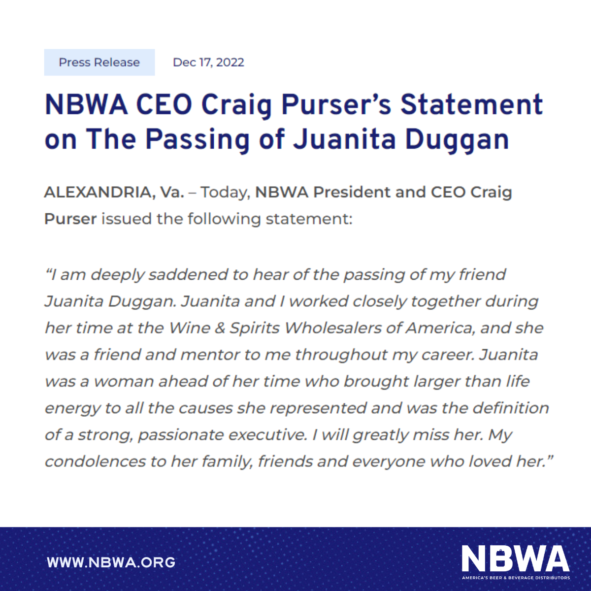 Nbwa Ceo Craig Purser S Statement On The Passing Of Juanita Duggan